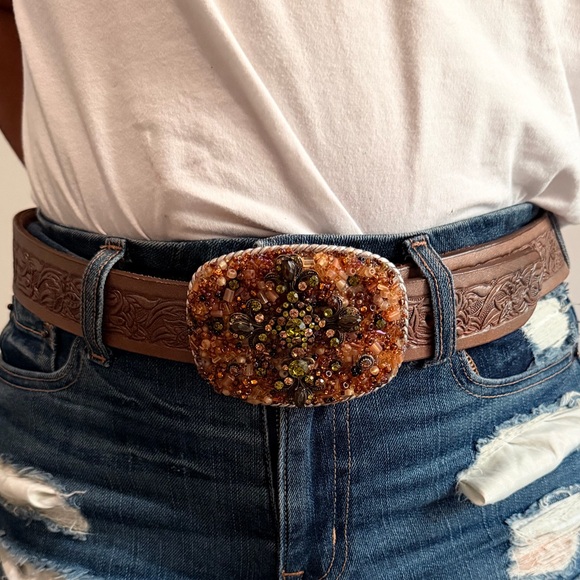 KRAZY COW Embellished Brown Leather Belt with Beaded Buckle main image 6